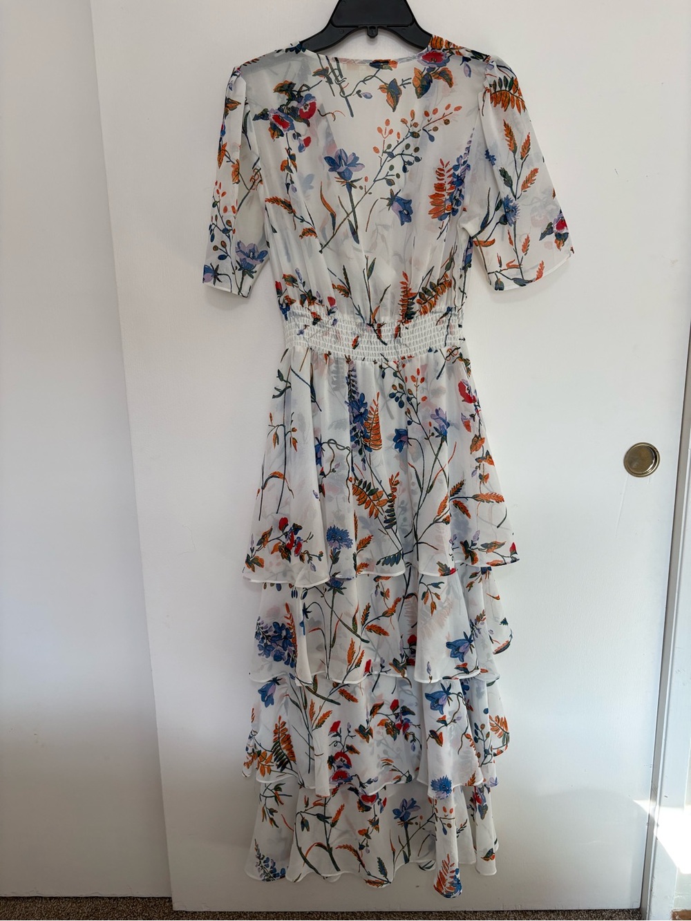 Maje White High-Low Floral Ruffle Dress with Blue & Orange Print spring/summer - Picture 6 of 10
